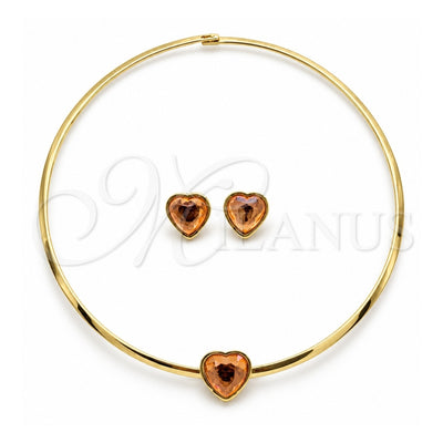 Stainless Steel Necklace and Earring, Heart Design, with Orange Red Crystal, Polished, Golden Finish, 06.116.0153.1