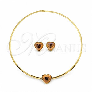 Stainless Steel Necklace and Earring, Heart Design, with Orange Red Crystal, Polished, Golden Finish, 06.116.0153.1