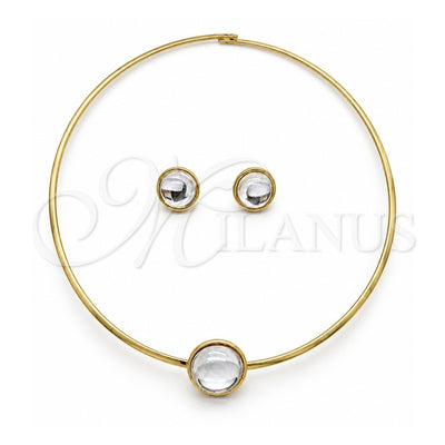 Stainless Steel Necklace and Earring, with White Crystal, Polished, Golden Finish, 06.116.0154
