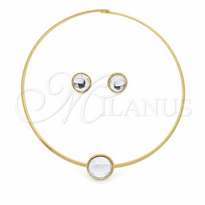 Stainless Steel Necklace and Earring, with White Crystal, Polished, Golden Finish, 06.116.0154