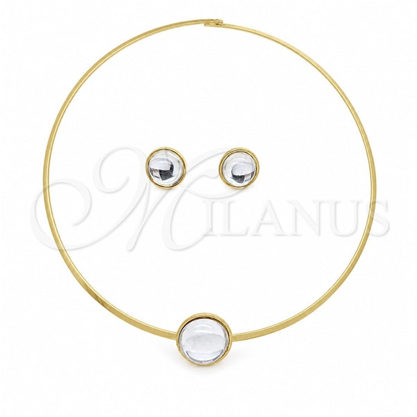 Stainless Steel Necklace and Earring, with White Crystal, Polished, Golden Finish, 06.116.0154