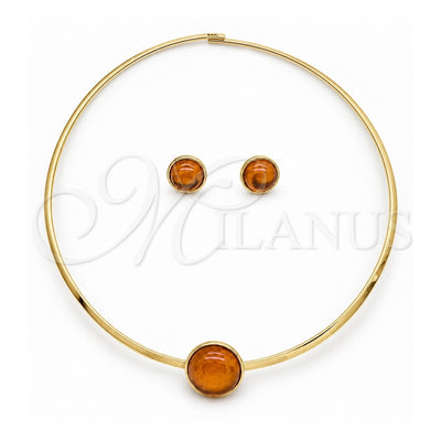 Stainless Steel Necklace and Earring, with Orange Red Crystal, Polished, Golden Finish, 06.116.0154.1
