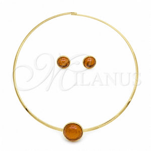 Stainless Steel Necklace and Earring, with Orange Red Crystal, Polished, Golden Finish, 06.116.0154.1