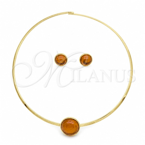 Stainless Steel Necklace and Earring, with Orange Red Crystal, Polished, Golden Finish, 06.116.0154.1