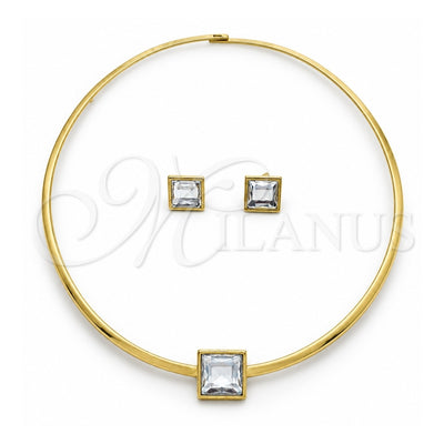Stainless Steel Necklace and Earring, with White Crystal, Polished, Golden Finish, 06.116.0155