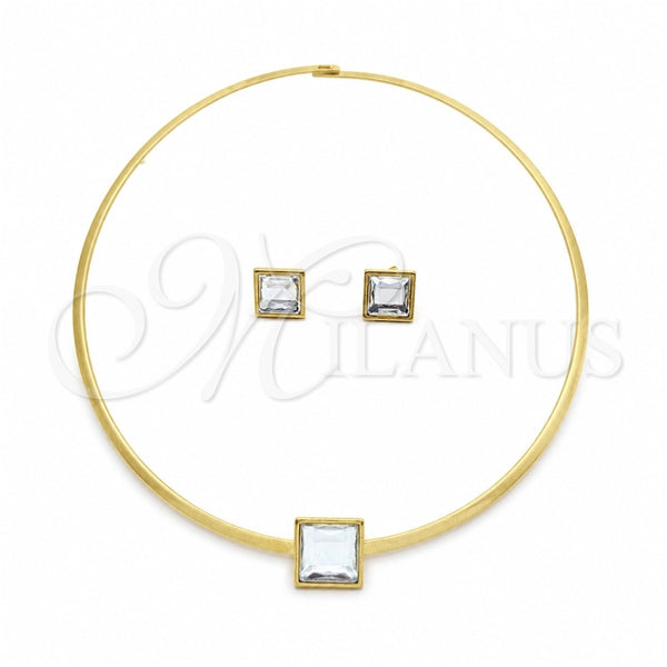 Stainless Steel Necklace and Earring, with White Crystal, Polished, Golden Finish, 06.116.0155