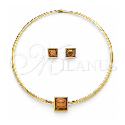 Stainless Steel Necklace and Earring, with Orange Red Crystal, Polished, Golden Finish, 06.116.0155.1