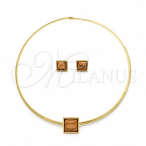 Stainless Steel Necklace and Earring, with Orange Red Crystal, Polished, Golden Finish, 06.116.0155.1