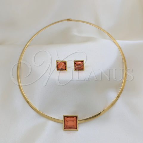 Stainless Steel Necklace and Earring, with Orange Red Crystal, Polished, Golden Finish, 06.116.0155.1