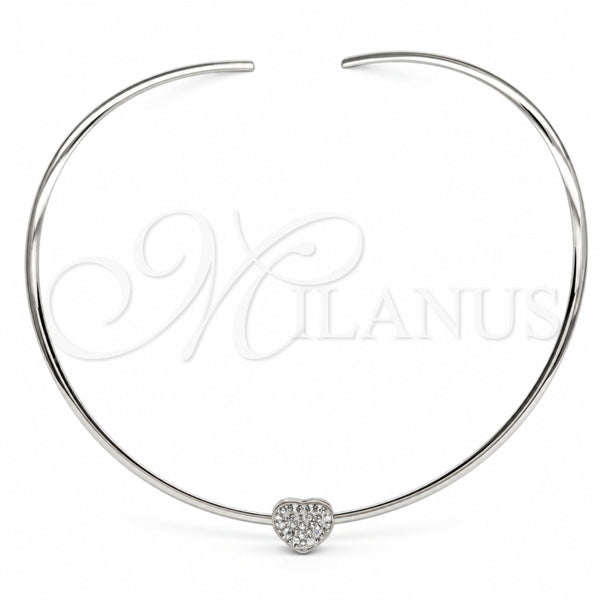Stainless Steel Fancy Necklace, Heart Design, with White Crystal, Polished, Rhodium Finish, 04.116.0110 (Thickness, 17 Inches Length)