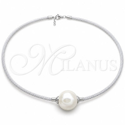 Stainless Steel Fancy Necklace, Ball and Twist Design, with White Pearl, Polished, Rhodium Finish, 04.116.0112 for wholesale, main product view
