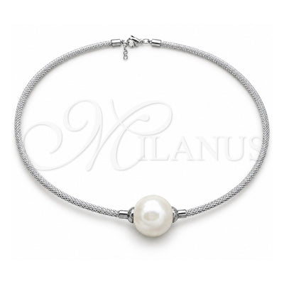 Stainless Steel Fancy Necklace, Ball and Twist Design, with White Pearl, Polished, Rhodium Finish, 04.116.0112 (Thickness, 17 Inches Length)