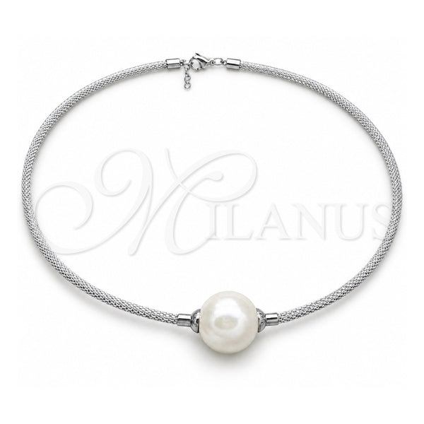 Stainless Steel Fancy Necklace, Ball and Twist Design, with White Pearl, Polished, Rhodium Finish, 04.116.0112 (Thickness, 17 Inches Length)