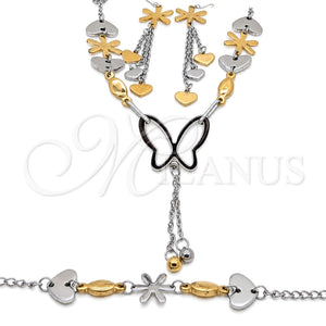 Stainless Steel Necklace, Bracelet and Earring, Heart and Flower Design, Polished, Two Tone, 06.116.0161.1