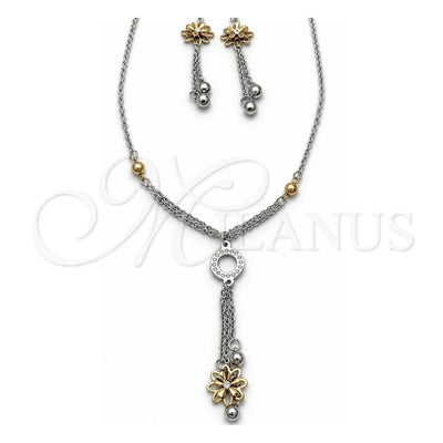 Stainless Steel Necklace, Bracelet and Earring, Flower and Ball Design, with White Crystal, Polished, Two Tone, 06.116.0157