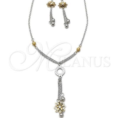 Stainless Steel Necklace, Bracelet and Earring, Flower and Ball Design, with White Crystal, Polished, Two Tone for wholesale, main product view