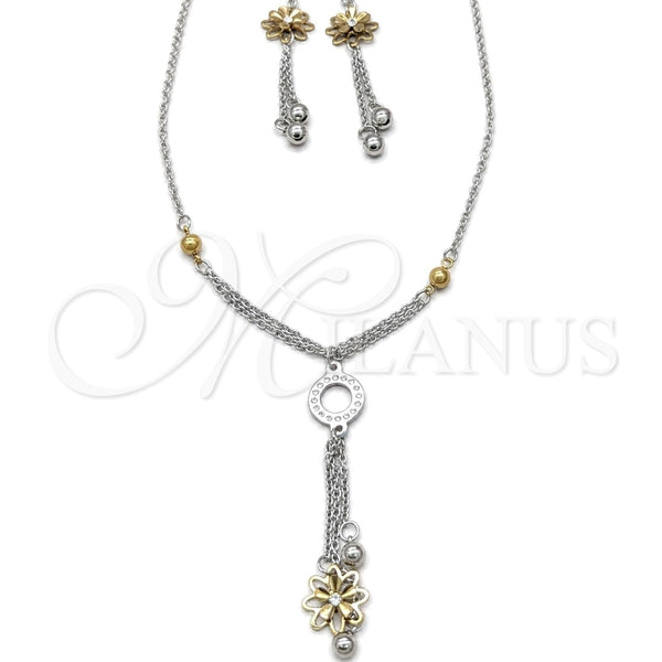 Stainless Steel Necklace, Bracelet and Earring, Flower and Ball Design, with White Crystal, Polished, Two Tone, 06.116.0157