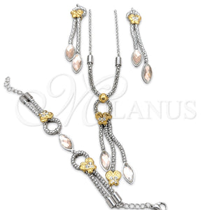 Stainless Steel Necklace, Bracelet and Earring, Butterfly Design, with Light Rose Crystal, Polished, Two Tone, 06.116.0158