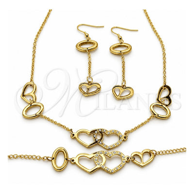 Stainless Steel Necklace, Bracelet and Earring, Heart Design, with White Crystal, Polished, Golden Finish, 06.116.0160