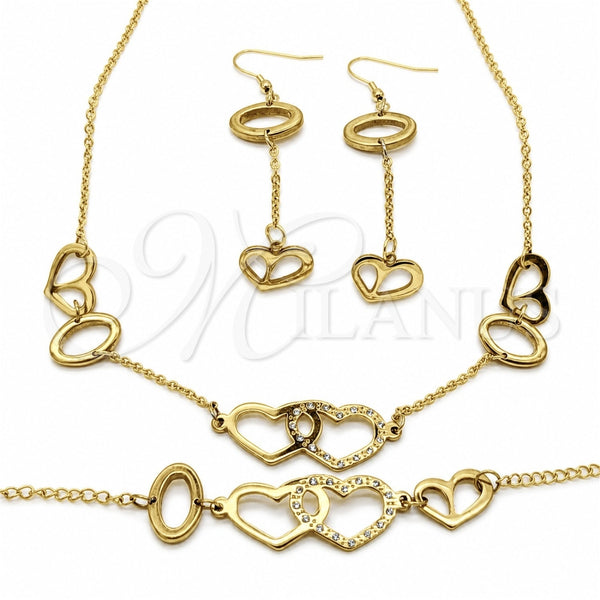 Stainless Steel Necklace, Bracelet and Earring, Heart Design, with White Crystal, Polished, Golden Finish, 06.116.0160