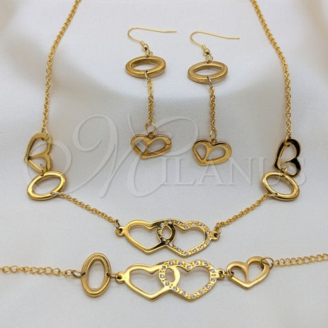 Stainless Steel Necklace, Bracelet and Earring, Heart Design, with White Crystal, Polished, Golden Finish, 06.116.0160