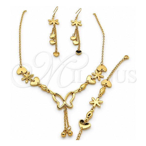 Stainless Steel Necklace, Bracelet and Earring, Heart and Flower Design, Polished, Golden Finish, 06.116.0161