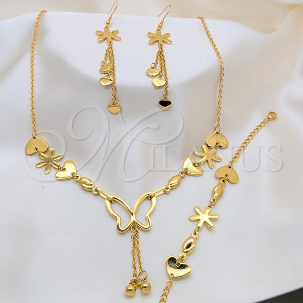 Stainless Steel Necklace, Bracelet and Earring, Heart and Flower Design, Polished, Golden Finish, 06.116.0161