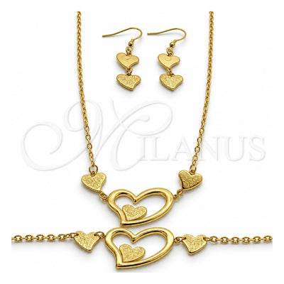 Stainless Steel Necklace, Bracelet and Earring, Heart Design, Polished, Golden Finish, 06.116.0162