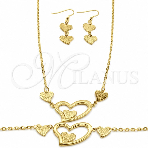 Stainless Steel Necklace, Bracelet and Earring, Heart Design, Polished, Golden Finish, 06.116.0162