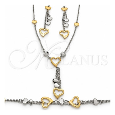 Stainless Steel Necklace, Bracelet and Earring, Heart Design, Polished, Two Tone, 06.116.0163