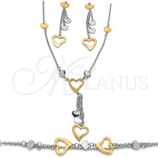 Stainless Steel Necklace, Bracelet and Earring, Heart Design, Polished, Two Tone, 06.116.0163