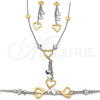 Stainless Steel Necklace, Bracelet and Earring, Heart Design, Polished, Two Tone, 06.116.0163
