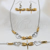 Stainless Steel Necklace, Bracelet and Earring, Dragon-Fly and Heart Design, with White Crystal, Polished, Two Tone, 06.116.0164