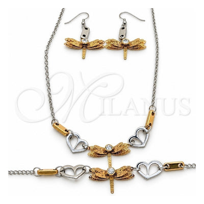 Stainless Steel Necklace, Bracelet and Earring, Dragon-Fly and Heart Design, with White Crystal, Polished, Two Tone, 06.116.0164