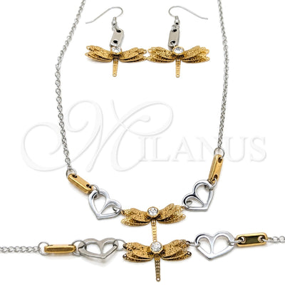 Stainless Steel Necklace, Bracelet and Earring, Dragon-Fly and Heart Design, with White Crystal, Polished, Two for wholesale, main product view