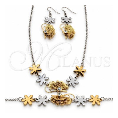 Stainless Steel Necklace, Bracelet and Earring, Butterfly and Flower Design, with White Crystal, Polished, Two Tone, 06.116.0165