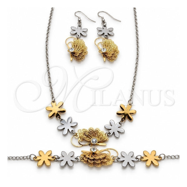 Stainless Steel Necklace, Bracelet and Earring, Butterfly and Flower Design, with White Crystal, Polished, Two Tone, 06.116.0165