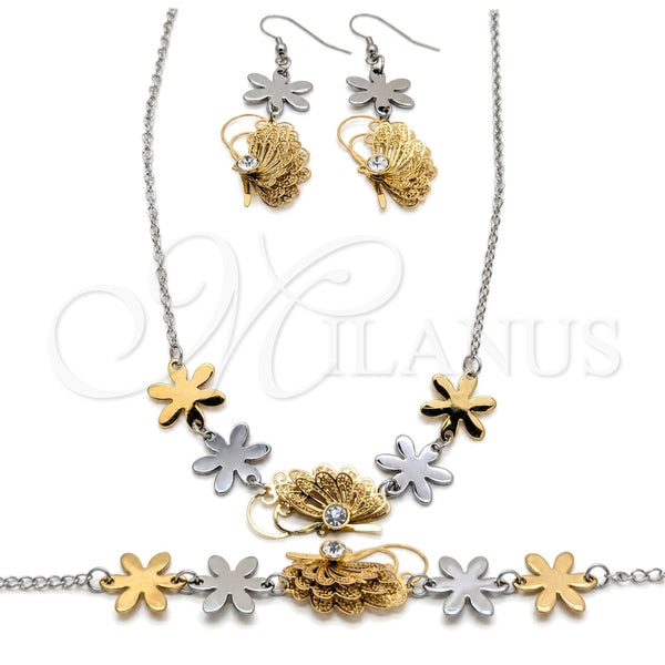 Stainless Steel Necklace, Bracelet and Earring, Butterfly and Flower Design, with White Crystal, Polished, Two Tone, 06.116.0165