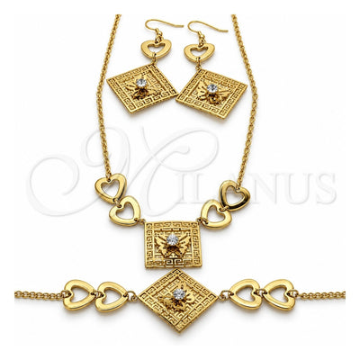 Stainless Steel Necklace, Bracelet and Earring, Butterfly and Heart Design, with White Crystal, Polished, Golden Finish, 06.116.0167