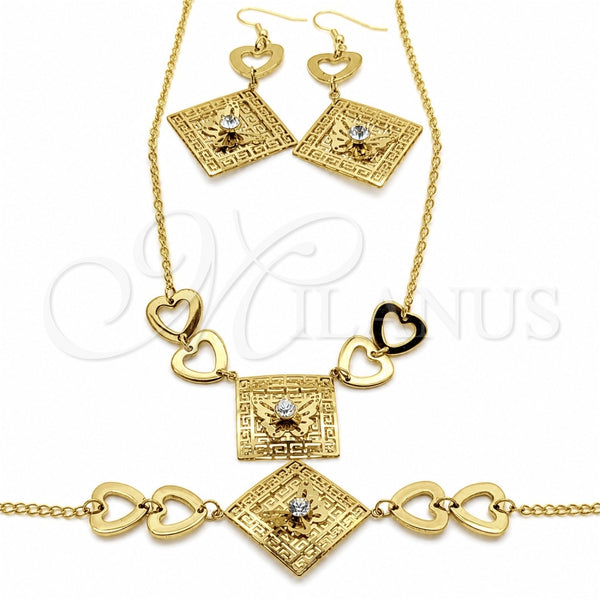 Stainless Steel Necklace, Bracelet and Earring, Butterfly and Heart Design, with White Crystal, Polished, Golden Finish, 06.116.0167
