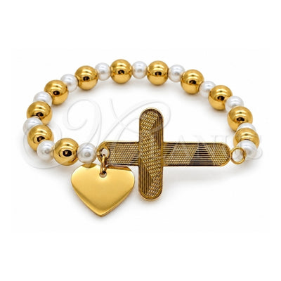 Stainless Steel Fancy Bracelet, Heart and Cross Design, with White Pearl, Polished, Two Tone, 03.116.0071.08 (01 MM Thickness, 1 Inches Length)
