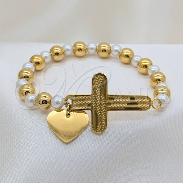 Stainless Steel Bracelet — Fancy Bracelet Heart and Cross Design with White — main product view — SKU 164020 | Acero Inoxidable brazalete — elegante Bracelet corazón and cruz diseño with blanco — SKU 164020