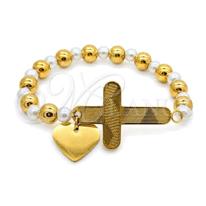 Stainless Steel Fancy Bracelet, Heart and Cross Design, with White Pearl, Polished, Two Tone, 03.116.0071.08 (01 MM Thickness, 1 Inches Length)