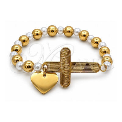 Stainless Steel Fancy Bracelet, Guadalupe and Heart Design, with White Pearl, Polished, Two Tone, 03.116.0071.1.08 (01 MM Thickness, 1 Inches Length)