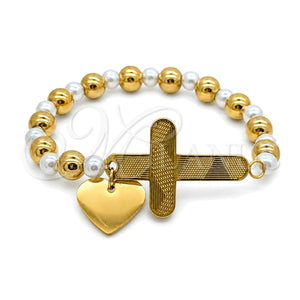 Stainless Steel Fancy Bracelet, Guadalupe and Heart Design, with White Pearl, Polished, Two Tone, 03.116.0071.1.08 (01 MM Thickness, 1 Inches Length)