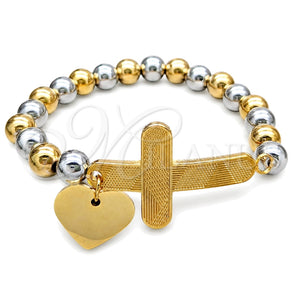 Stainless Steel Fancy Bracelet, Cross and Heart Design, with Multicolor Pearl, Polished, Two Tone, 03.116.0072.08 (01 MM Thickness, 1 Inches Length)