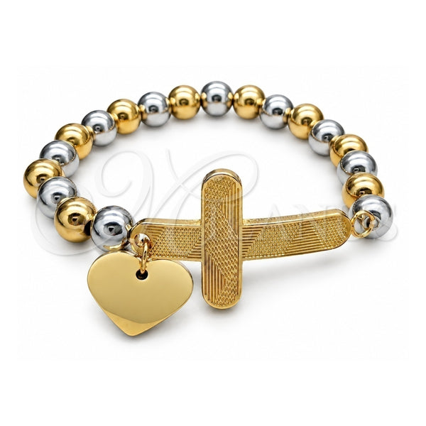 Stainless Steel Fancy Bracelet, Cross and Heart Design, with Multicolor Pearl, Polished, Two Tone, 03.116.0072.08 (01 MM Thickness, 1 Inches Length)