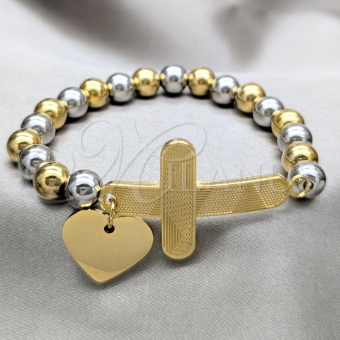 Stainless Steel Fancy Bracelet, Cross and Heart Design, with Multicolor Pearl, Polished, Two Tone, 03.116.0072.08 (01 MM Thickness, 1 Inches Length)