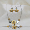 Stainless Steel Necklace, Bracelet and Earring, Flower and Butterfly Design, with White Crystal, Polished, Two Tone, 06.116.0168