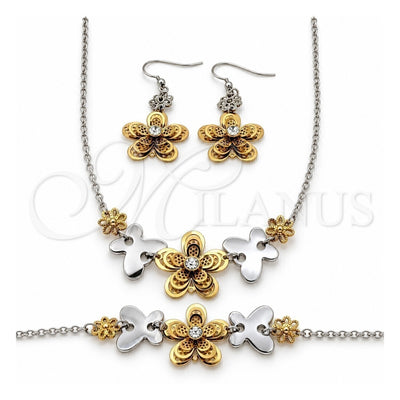 Stainless Steel Necklace, Bracelet and Earring, Flower and Butterfly Design, with White Crystal, Polished, Two Tone, 06.116.0168
